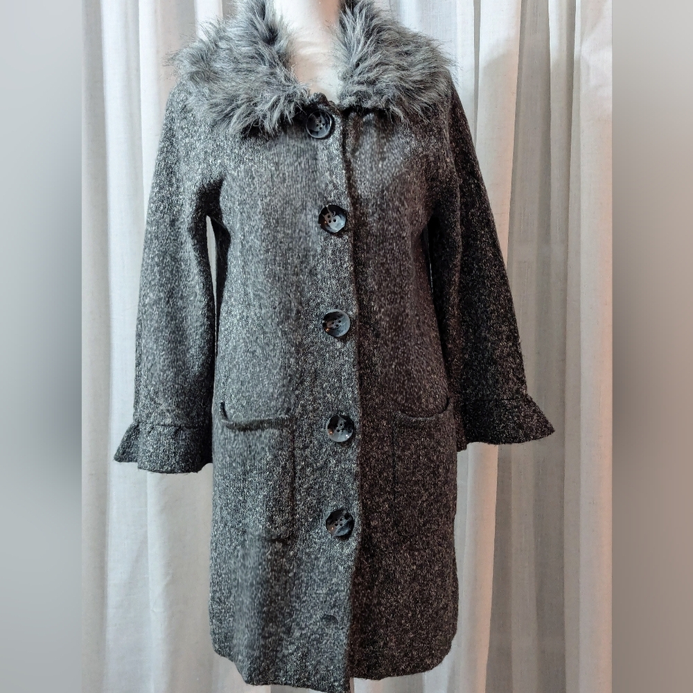 Women's Charcoal Pea Coat with Plush Fur Collar Size Large